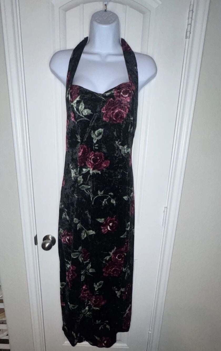 Vtg‎ Frederick's of Hollywood Velvet floral Halter dress romantic whimsigoth